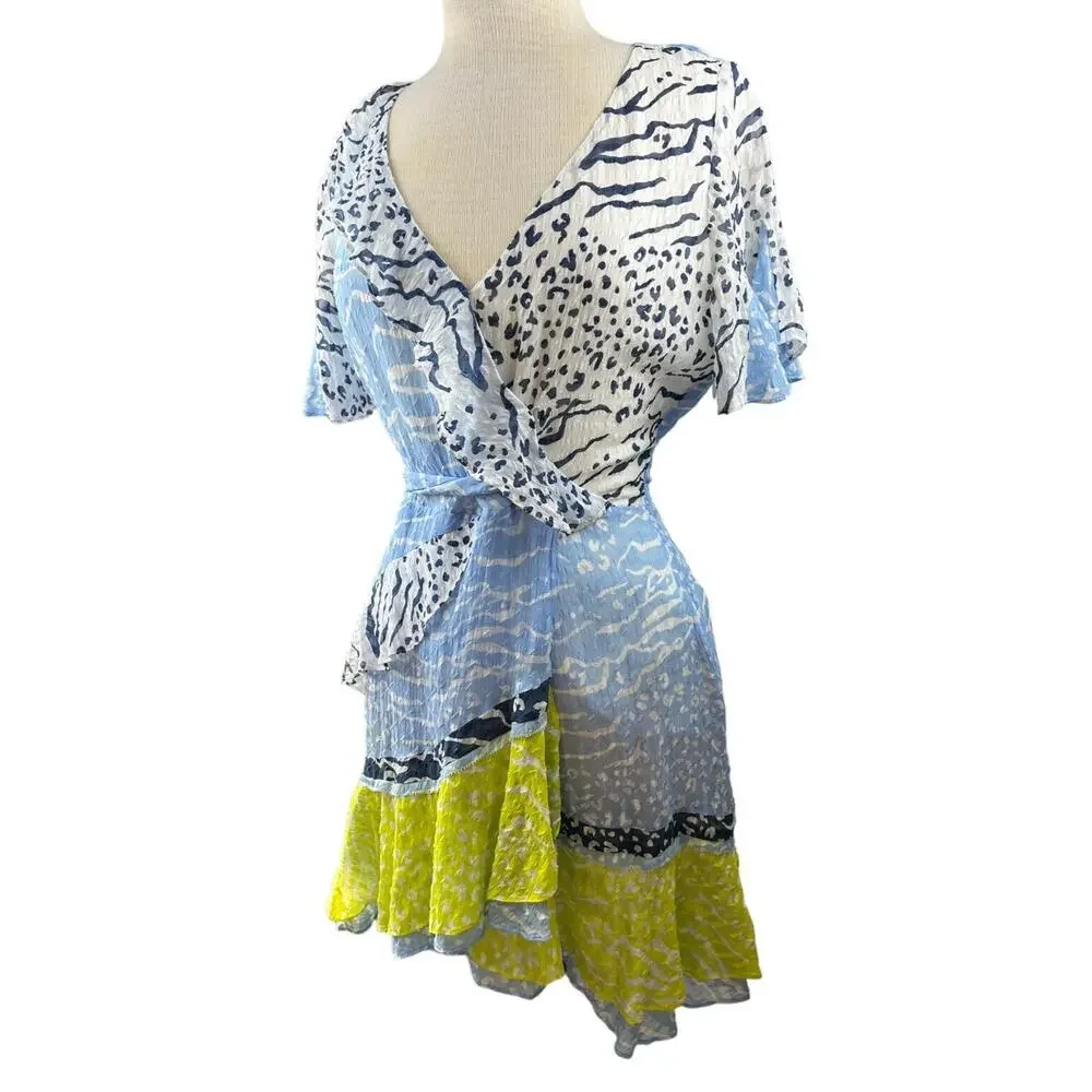 Tanya Taylor Bianka Silk Blend Wrap Dress Party Mini Leopard Short Sleeve Size 6 - Picture 3 of 16